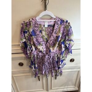 Nanette Lepore Y2K Sequin Fairy Boho 100% Silk Blouse Size 6 Floral Mystical Vtg